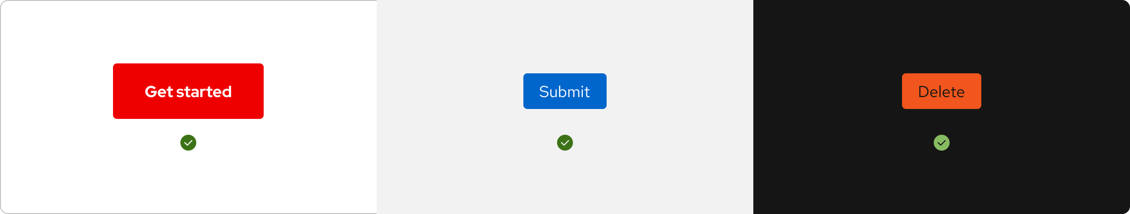 Red CTA against a white background, blue button against a light gray background, and a light red-orange button against a black background